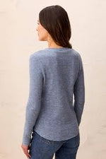 Tribal Jeans Brushed Waffle Knit Henley Long Sleeve Top - Heather Denim