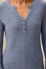 Tribal Jeans Brushed Waffle Knit Henley Long Sleeve Top - Heather Denim