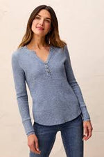 Tribal Jeans Brushed Waffle Knit Henley Long Sleeve Top - Heather Denim