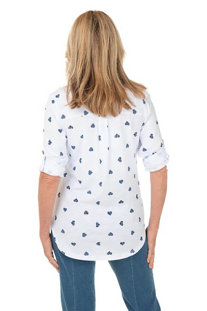 Wild Palms Cotton Button Down Top with Denim Hearts