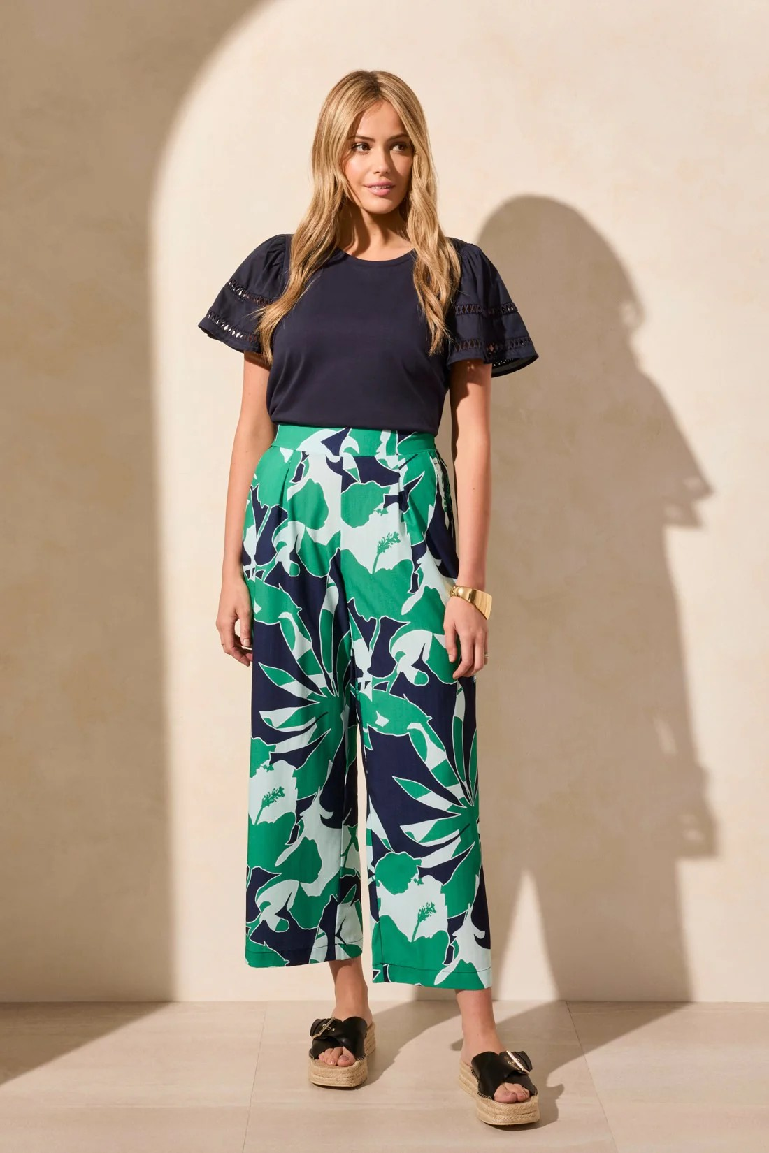 Tribal Fashion Foliage Print Wide Leg Ankle Pant