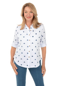 Wild Palms Cotton Button Down Top with Denim Hearts