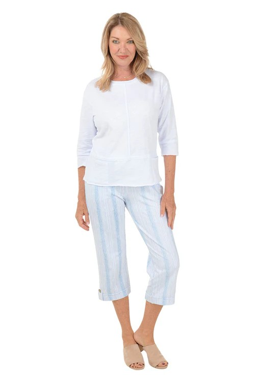 Wild Palms Striped Capri with Button Tab - Chambray