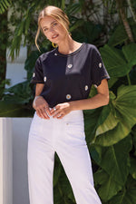 Tribal Fashions Embroidered Daisy Short Sleeve Crew Neck Top