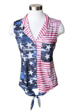 USA Patriotic Collared Tank Top with Stars + Stripes - Red, White, + Blue