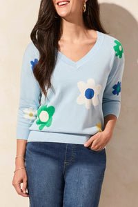 Tribal Fashion 3/4 Sleeve Knit Sweater with Floral Front and Striped Back