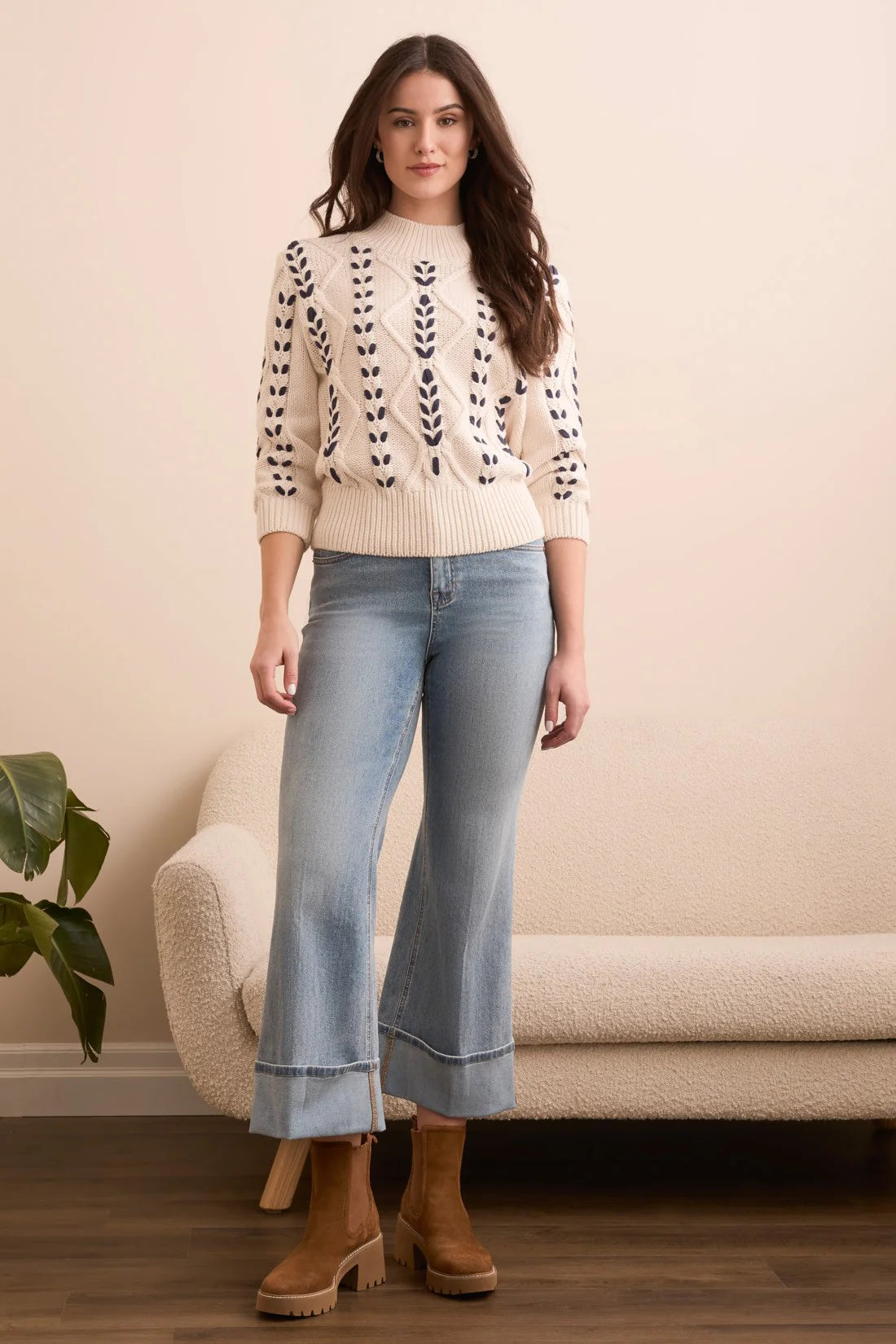 Tribal Fashions Cable-Knit 3/4 Sleeve Mock Neck Sweater