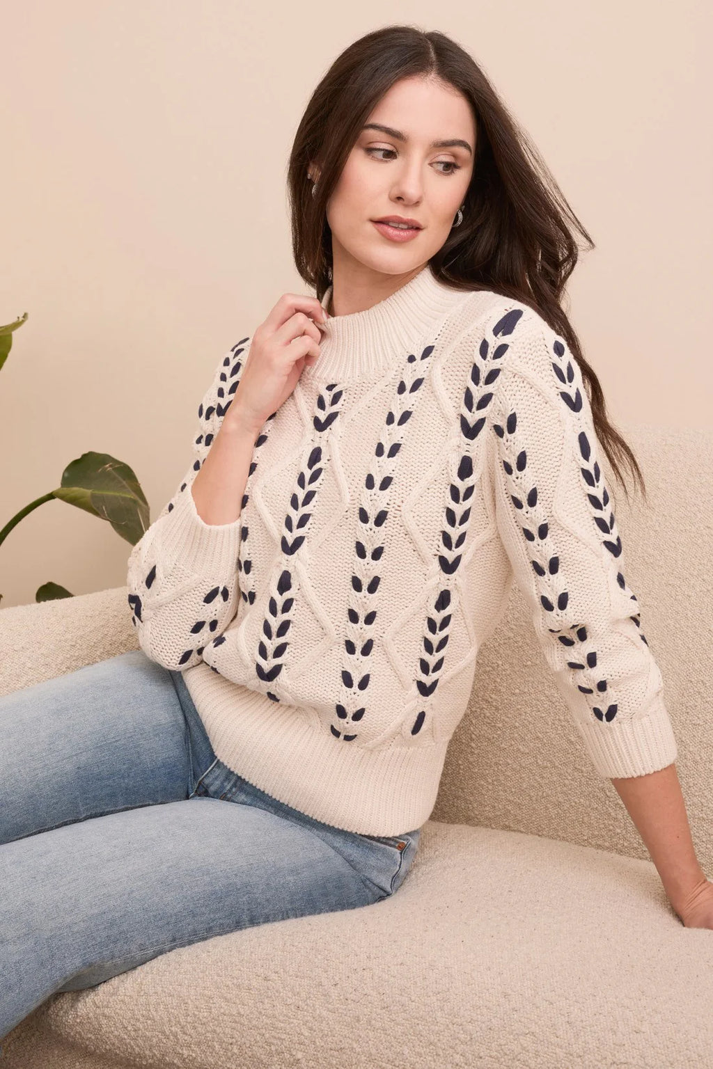 Tribal Fashions Cable-Knit 3/4 Sleeve Mock Neck Sweater