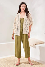 Tribal Fashions Embroidered Crochet 3/4 Sleeve Cardigan - Natrual