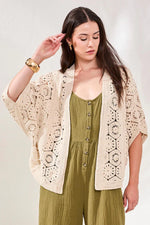 Tribal Fashions Embroidered Crochet 3/4 Sleeve Cardigan - Natrual