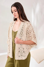 Tribal Fashions Embroidered Crochet 3/4 Sleeve Cardigan - Natrual