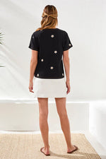 Tribal Fashions Embroidered Daisy Short Sleeve Crew Neck Top