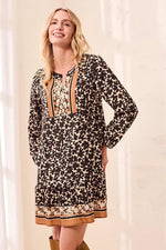 Tribal Femme Empire Waist Long Sleeve Split Neck Tunic Dress - Maple