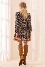 Tribal Femme Empire Waist Long Sleeve Split Neck Tunic Dress - Maple