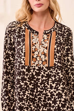 Tribal Femme Empire Waist Long Sleeve Split Neck Tunic Dress - Maple