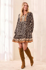 Tribal Femme Empire Waist Long Sleeve Split Neck Tunic Dress - Maple