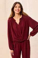 Tribal Fashion Flowy Long Puff Sleeves Notch Neck Tie Front Blouse - Cherry
