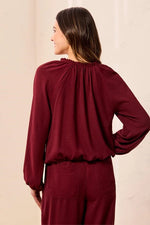 Tribal Fashion Flowy Long Puff Sleeves Notch Neck Tie Front Blouse - Cherry