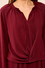 Tribal Fashion Flowy Long Puff Sleeves Notch Neck Tie Front Blouse - Cherry