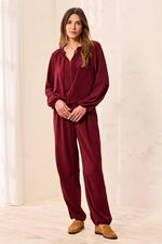 Tribal Fashion Flowy Long Puff Sleeves Notch Neck Tie Front Blouse - Cherry
