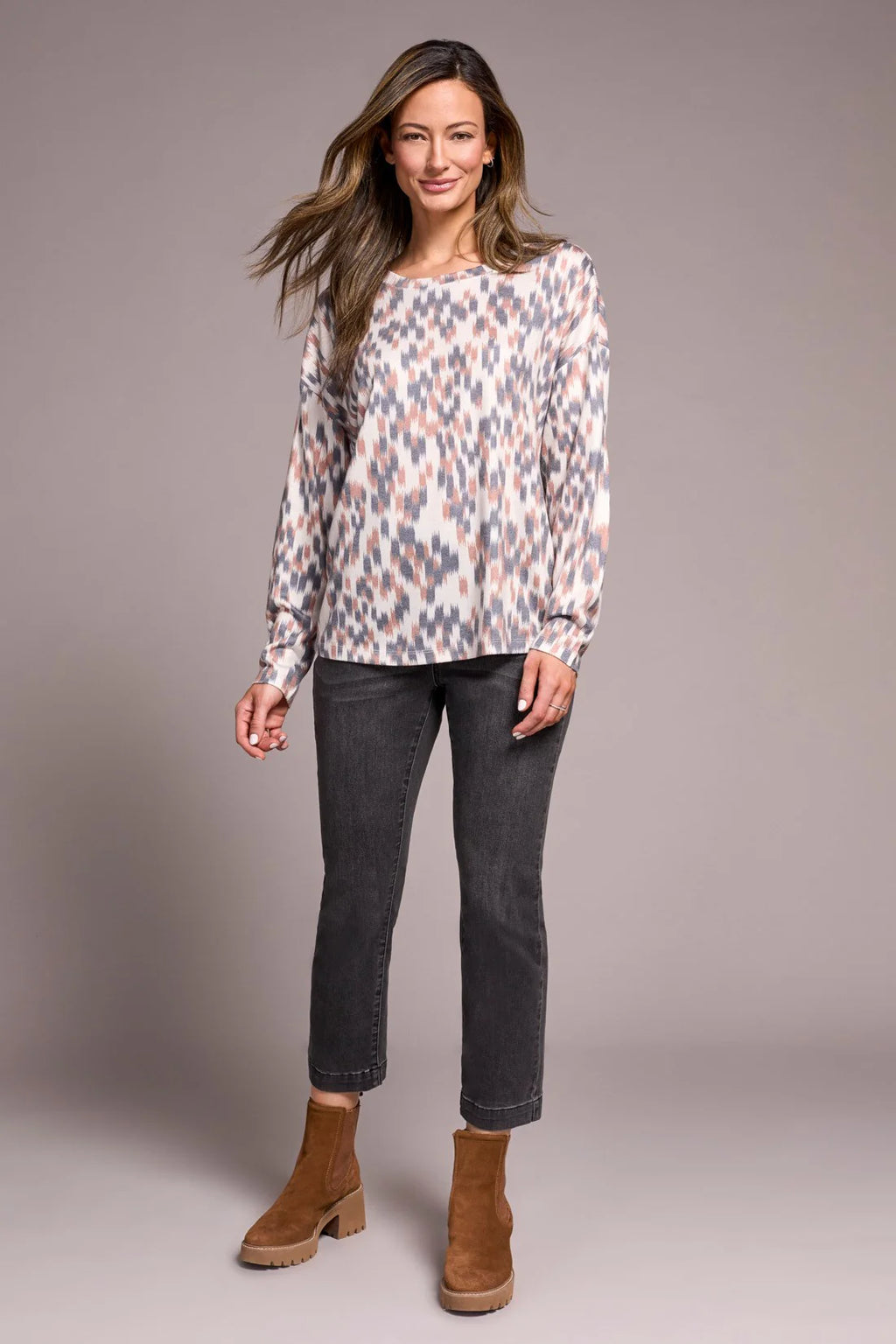 Tribal Fashions Crew Neck Long Sleeve Combo Print - Almond
