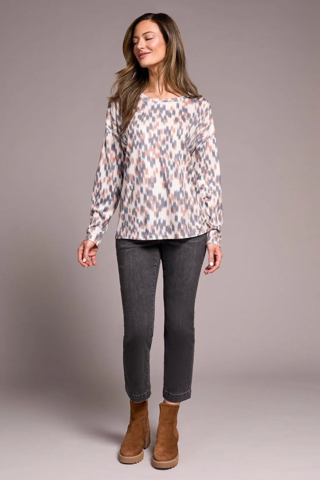 Tribal Fashions Crew Neck Long Sleeve Combo Print - Almond