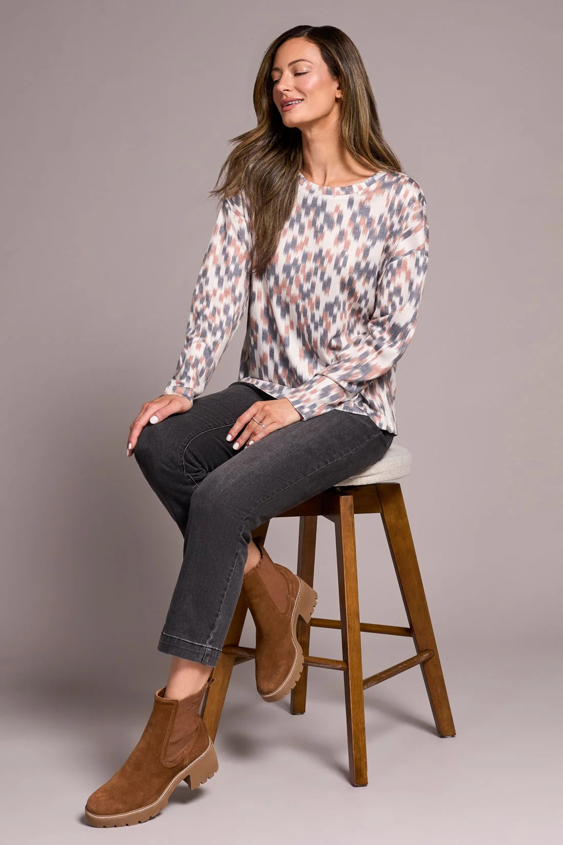 Tribal Fashions Crew Neck Long Sleeve Combo Print - Almond