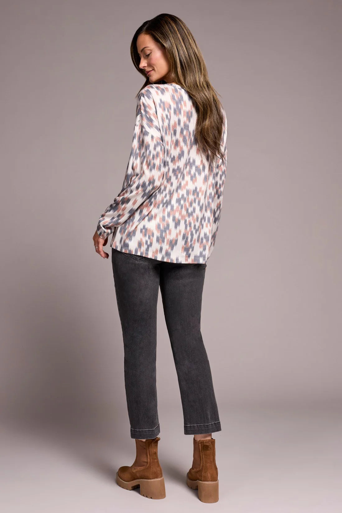 Tribal Fashions Crew Neck Long Sleeve Combo Print - Almond