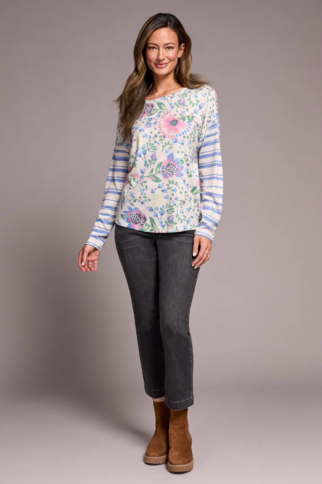 Tribal Fashions Crew Neck Long Sleeve Combo Print - Cherry Pink