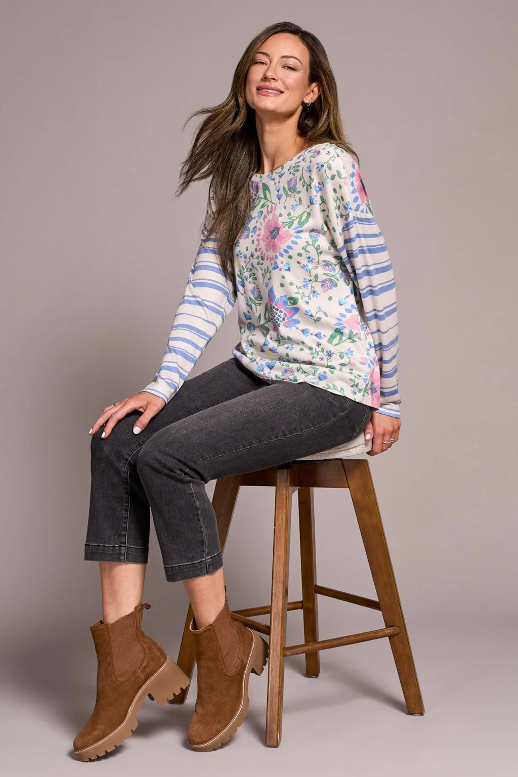 Tribal Fashions Crew Neck Long Sleeve Combo Print - Cherry Pink