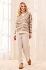 Tribal Fashion Long Sleeve Crew Neck Drop Shoulder Knit Top - Fossil