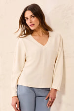 Tribal Fashions Ottoman Stretch Dolman V-Neck Light Knit Sweater - Antique White
