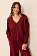 Tribal Fashions Ottoman Stretch Dolman V-Neck Light Knit Sweater - Cherry Lacquer