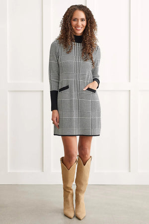 Tribal Fashions Houndstooth Mock Neck Sweater Dress with Front Pocket