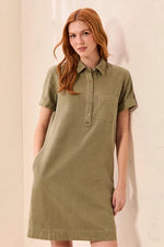 Tribal Fashion Pop Over Short Sleeve Collared Shirt Dress - Olivestone
