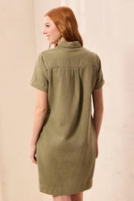 Tribal Fashion Pop Over Short Sleeve Collared Shirt Dress - Olivestone
