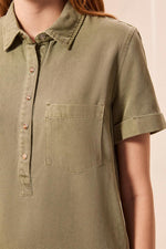 Tribal Fashion Pop Over Short Sleeve Collared Shirt Dress - Olivestone