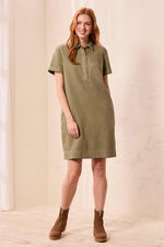 Tribal Fashion Pop Over Short Sleeve Collared Shirt Dress - Olivestone