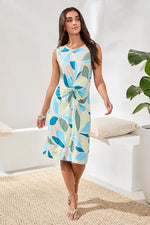 Tribal Femme Printed Sleeveless Jersey V‑Neck Front‑Knot Dress - Aqua Sky