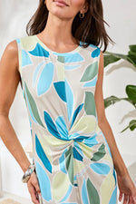 Tribal Femme Printed Sleeveless Jersey V‑Neck Front‑Knot Dress - Aqua Sky