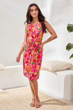 Tribal Femme Printed Sleeveless Jersey V‑Neck Front‑Knot Dress - Pink Glow