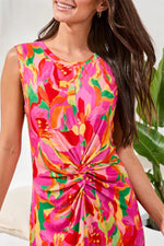 Tribal Femme Printed Sleeveless Jersey V‑Neck Front‑Knot Dress - Pink Glow