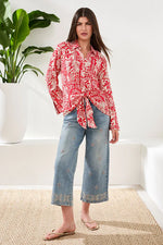 Tribal Fashions Printed Challis Blouse with Tie Front - Sangria