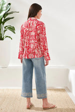 Tribal Fashions Printed Challis Blouse with Tie Front - Sangria