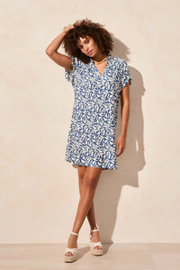 Tribal Fashions Ruffle Sleeve Notch Neck Shift Dress - Blue Leaf