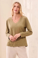 Tribal Fashion Slub Knit Long Sleeve V-Neck Top - Aloe