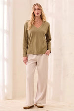 Tribal Fashion Slub Knit Long Sleeve V-Neck Top - Aloe