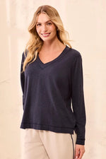 Tribal Fashion Slub Knit Long Sleeve V-Neck Top - Sapphire