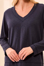 Tribal Fashion Slub Knit Long Sleeve V-Neck Top - Sapphire