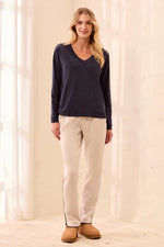 Tribal Fashion Slub Knit Long Sleeve V-Neck Top - Sapphire